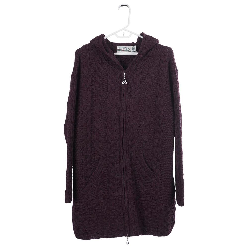 NWT Aran Crafts Sweater Coat XL Purple Merino Wool Full Zip Hooded Cable Knit